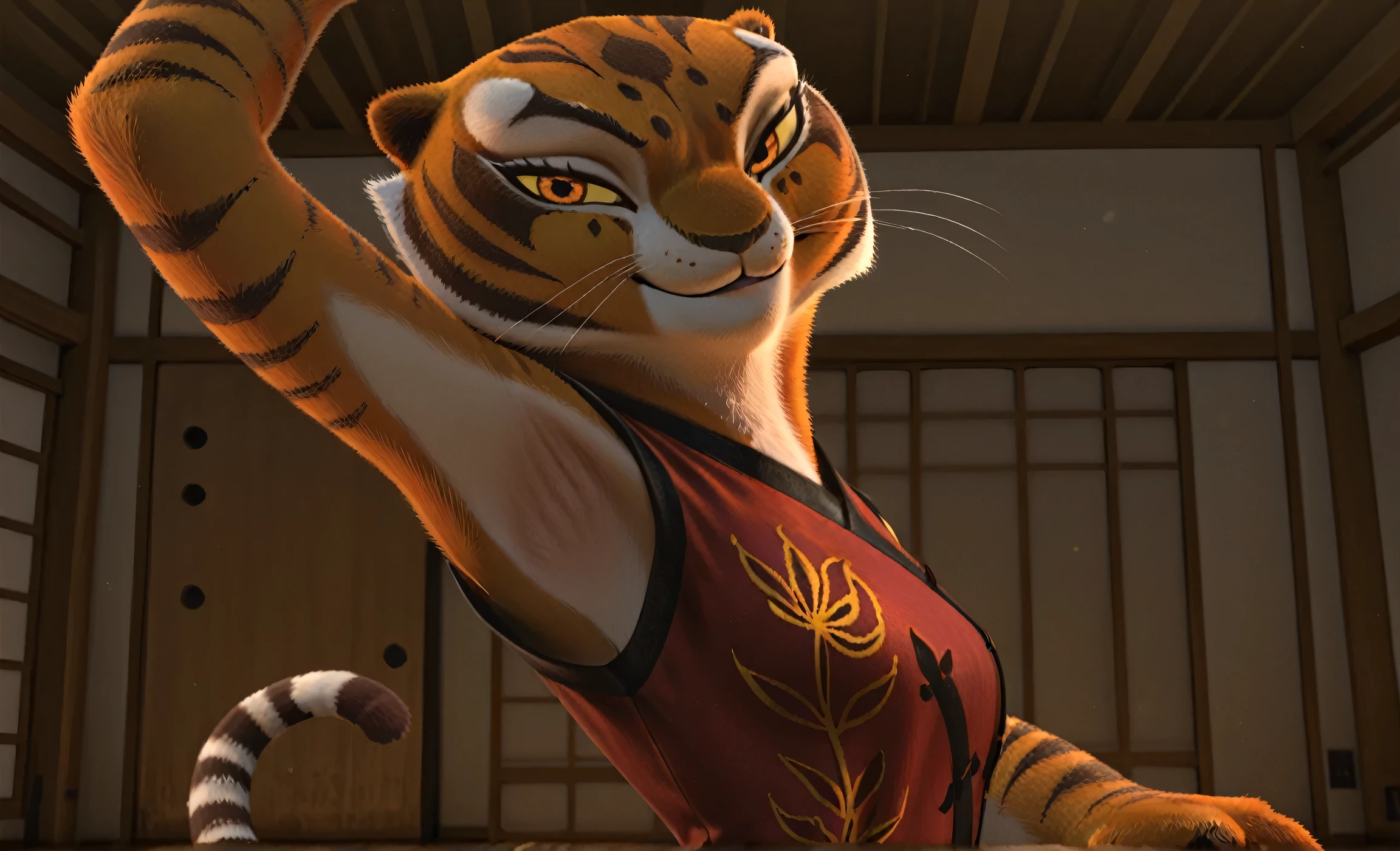 anime coloring, masterpiece, best quality, amazing quality, 1girl, solo, yellow sclera, orange eyes, m4stertigr3ss, tail, red qipao, arm up, raised arm, armpit, armpit focus, head towards viewer, looking at viewer, direct eye contact, smile, closed mouth, indoors, dojo, from side, from below