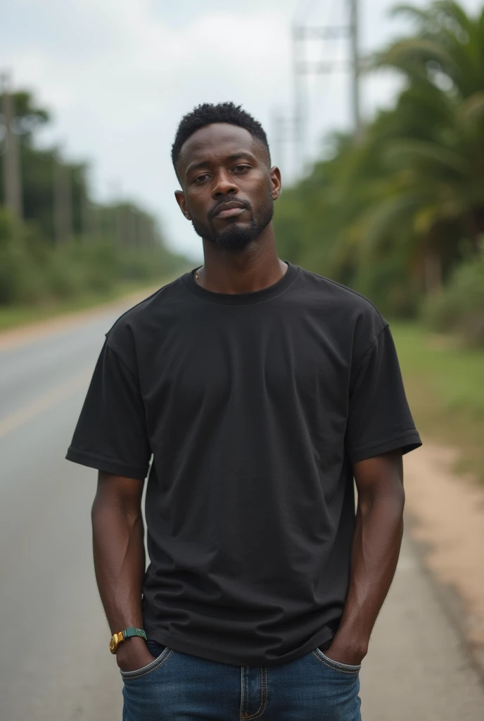 male publicity photo, full body, looking straight at me, African, white t-shirt, standing on a deserted road, high quality