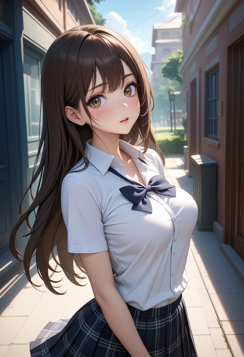 (masterpiece:1.2, top-quality), (realistic, photorealistic:1.4), beautiful illustration, (natural side lighting, movie lighting), 
looking at viewer, cowboy shot, front view:0.6, 1 woman, japanese, , perfect face, cute and symmetrical face, shiny skin, 
(middle hair:1.5, twintails:1.7, blond hair), hair between eyes, blue eyes, long eye lasher, (large breasts:0.9, thick thighs), 
beautiful hair, beautiful face, beautiful detailed eyes, beautiful clavicle, beautiful body, beautiful chest, beautiful thigh, beautiful legs, beautiful fingers, 
((black pleated mini skirt, black stockings, unbuttoned white shirt)), black hair ribbon, pink panties, 
(beautiful scenery), evening, riverside, walking, hands on chest, (excited face, very happy), 