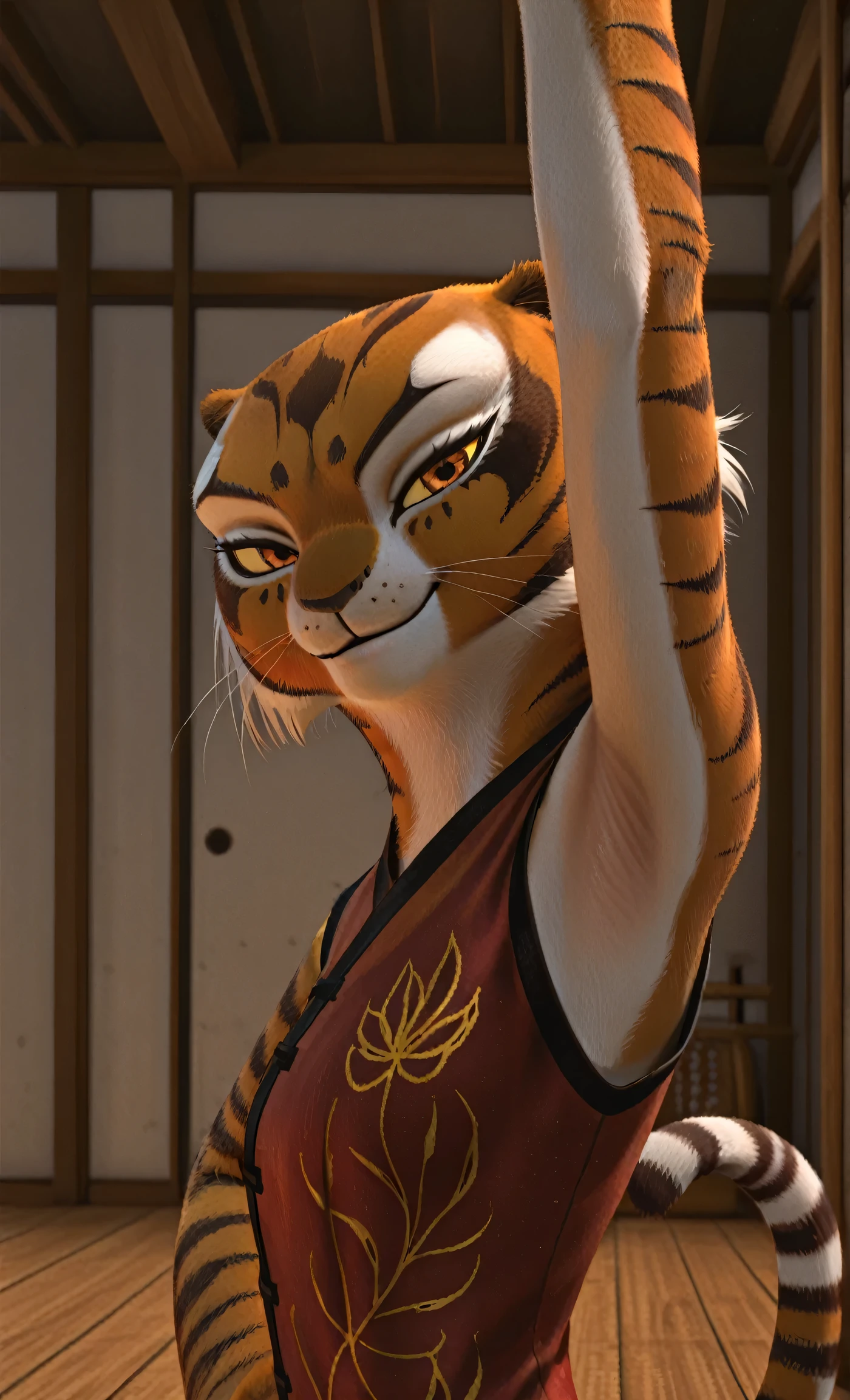 anime coloring, masterpiece, best quality, amazing quality, 1girl, solo, yellow sclera, orange eyes, m4stertigr3ss, tail, red qipao, arm up, raised arm, armpit, armpit focus, head towards viewer, looking at viewer, direct eye contact, smile, closed mouth, indoors, dojo, from side,