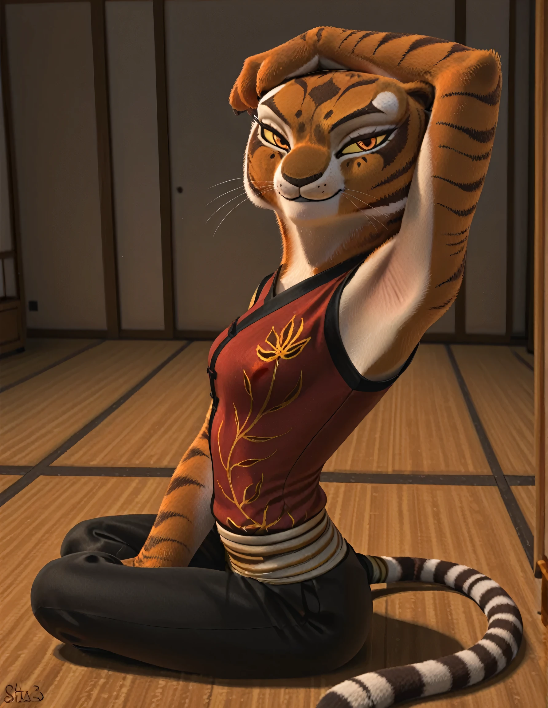 anime coloring, masterpiece, best quality, amazing quality, 1girl, solo, yellow sclera, orange eyes, m4stertigr3ss, tail, red qipao, arm on head, armpit, armpit focus, head towards viewer, looking at viewer, direct eye contact, smile, closed mouth, indoors, dojo, from side, from above, sitting on the floor, black silk pants, waist wrap,