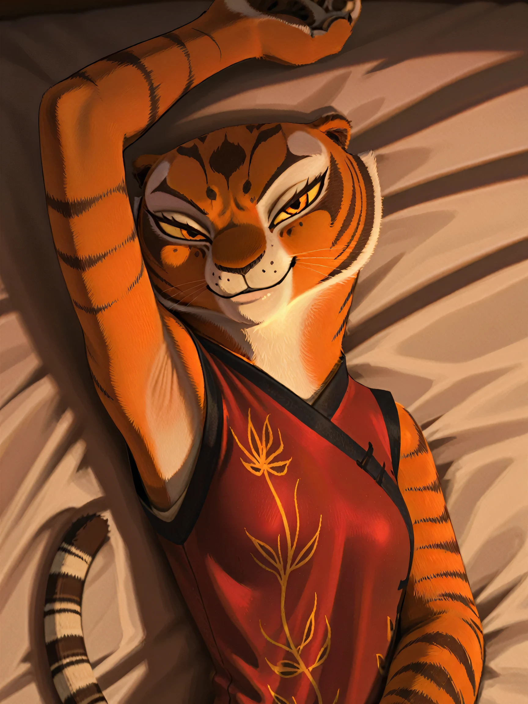 anime coloring, masterpiece, best quality, amazing quality, 1girl, solo, yellow sclera, orange eyes, m4stertigr3ss, tail, red qipao, arm up, raised arm, armpit, armpit focus, head towards viewer, looking at viewer, direct eye contact, smile, closed mouth, lying in bed
