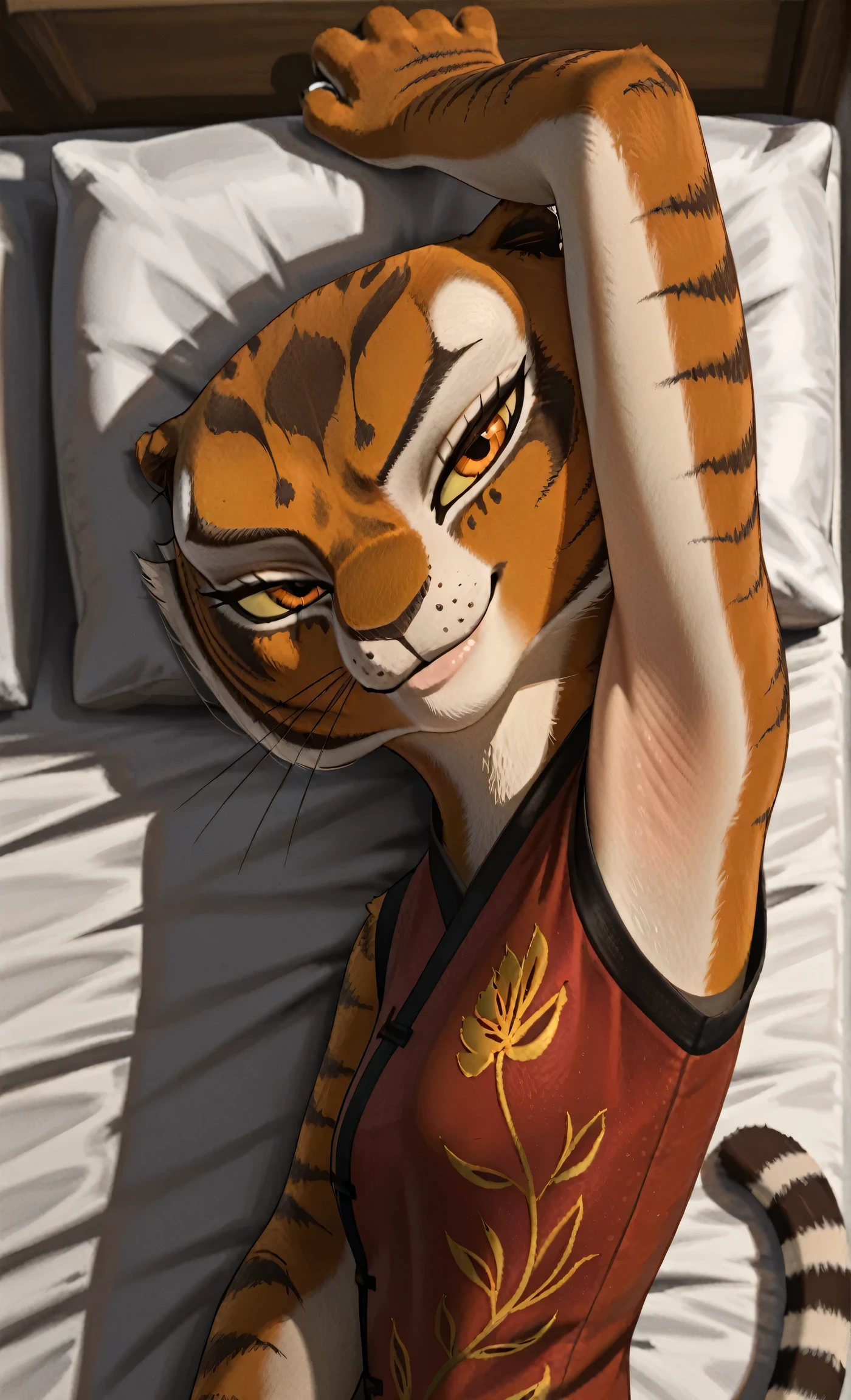 anime coloring, masterpiece, best quality, amazing quality, 1girl, solo, yellow sclera, orange eyes, m4stertigr3ss, tail, red qipao, arm up, raised arm, armpit, armpit focus, head towards viewer, looking at viewer, direct eye contact, smile, closed mouth, lying in bed, lying on side, from above, pillow