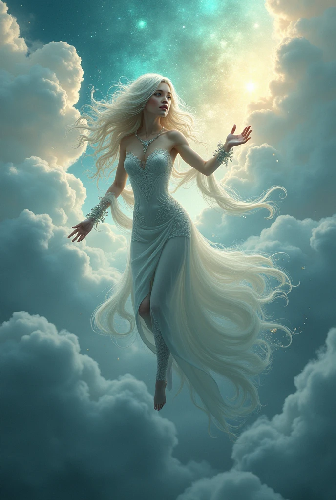 a woman with white hair, bikini branco, white skirt, red high heel sandal, with the letter Y of blue fire and the number 7 of blue fire in the hands floating in the sky.