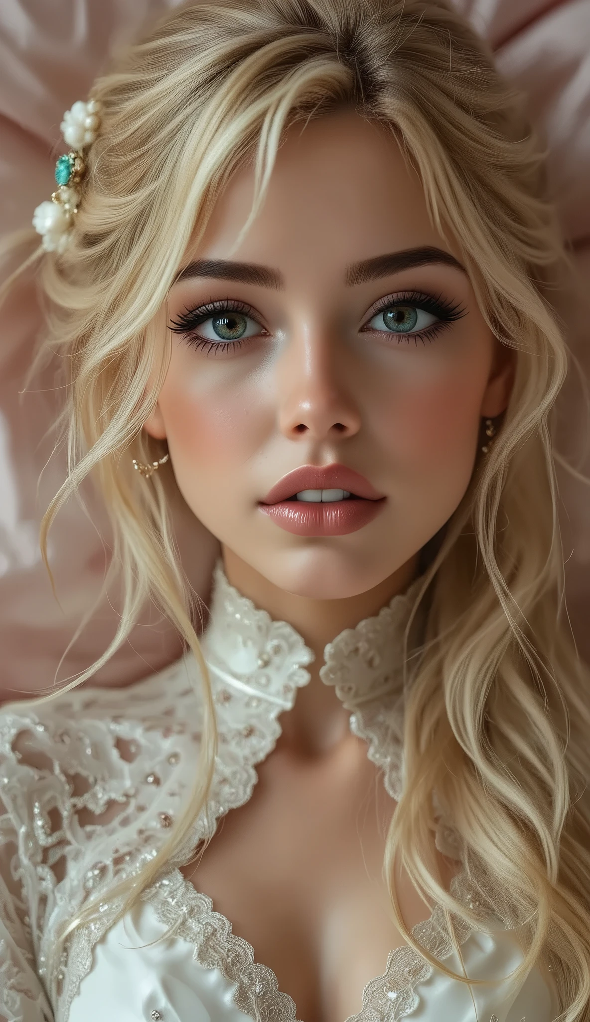 {((Genuine, rating_safe:2.0)) {The bride shows off her outfit inspired by the gift of the goddess of debauchery and lust}}. ((Ultra-realistic最high quality、 8K、 The ultra -The high-definition))、(photorealistic: 1.75)、(Realistic: 1.75 )、(masterpiece)、((absurdres))、 ((sharp focus))、((perfect figure))}、((Very detailed facial and skin textures))、(Realistic faces)、Original photo、(Very beautiful, detailed face :1.43)、(very detailed eyes: 1.35)、(very detailed lips: 1.21) ("Priority is anatomical accuracy and material texture") rubber black log (uniform elongated cylinder shape) medical massage roller, improving the comfort of proper breathing" Pose: - "Hanging your head off the back of the bed" Saliva drips from her chin,Streams of thick withe cum poring down here face and on here body and breasts, Lots os semen dripping down"] (front view,pov full body front shot),from above "