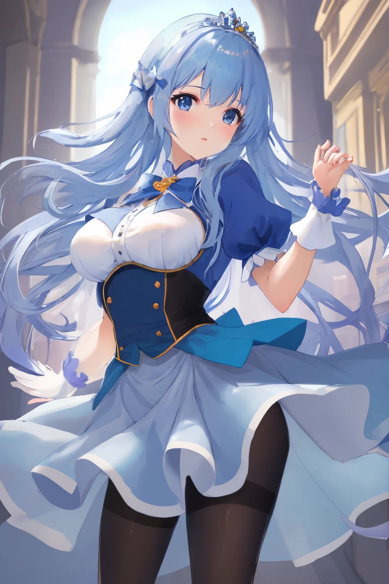 4K,High resolution,One Woman,Light blue hair,Long Ponytail,Big Breasts,Princess Knight,Light blue dress,White knight armor,Full Armor,White gloves,Princess Tiara,Jewelry decoration,Medieval town