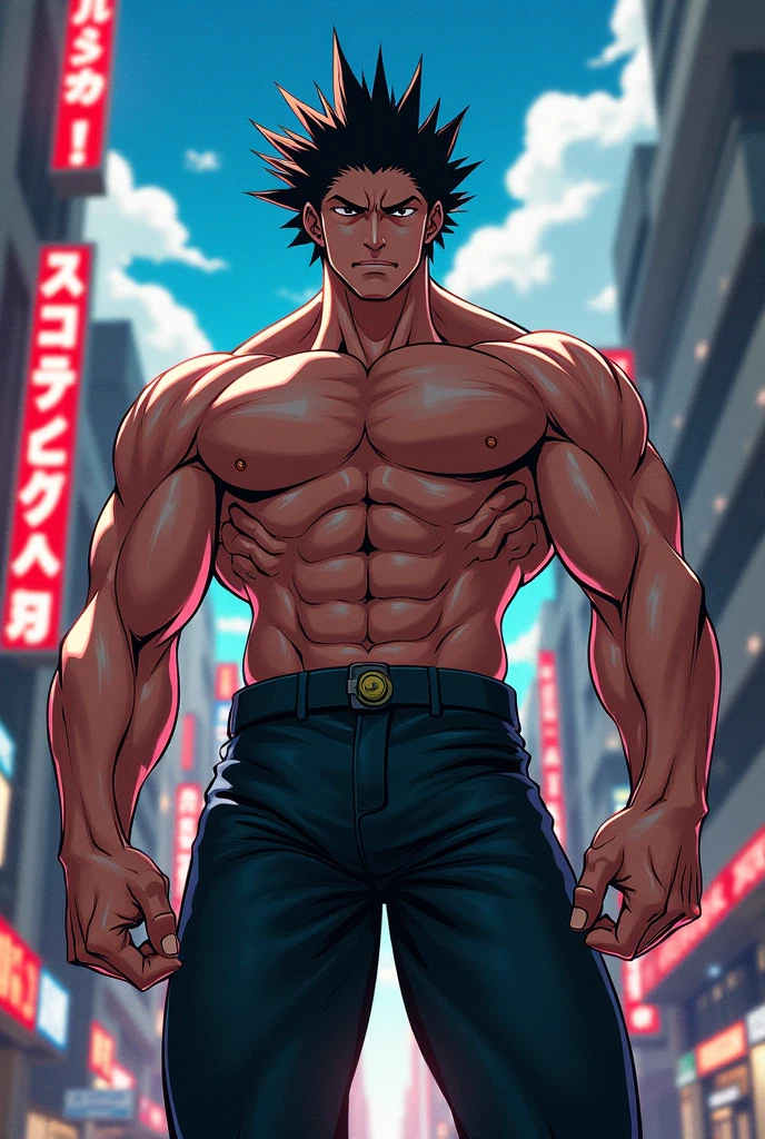 Katsuki Bakugo from Boku No Hero Academia, wearing black pants, bodybuilder, defined body, walking, shirtless, abs, big legs, looking to the side