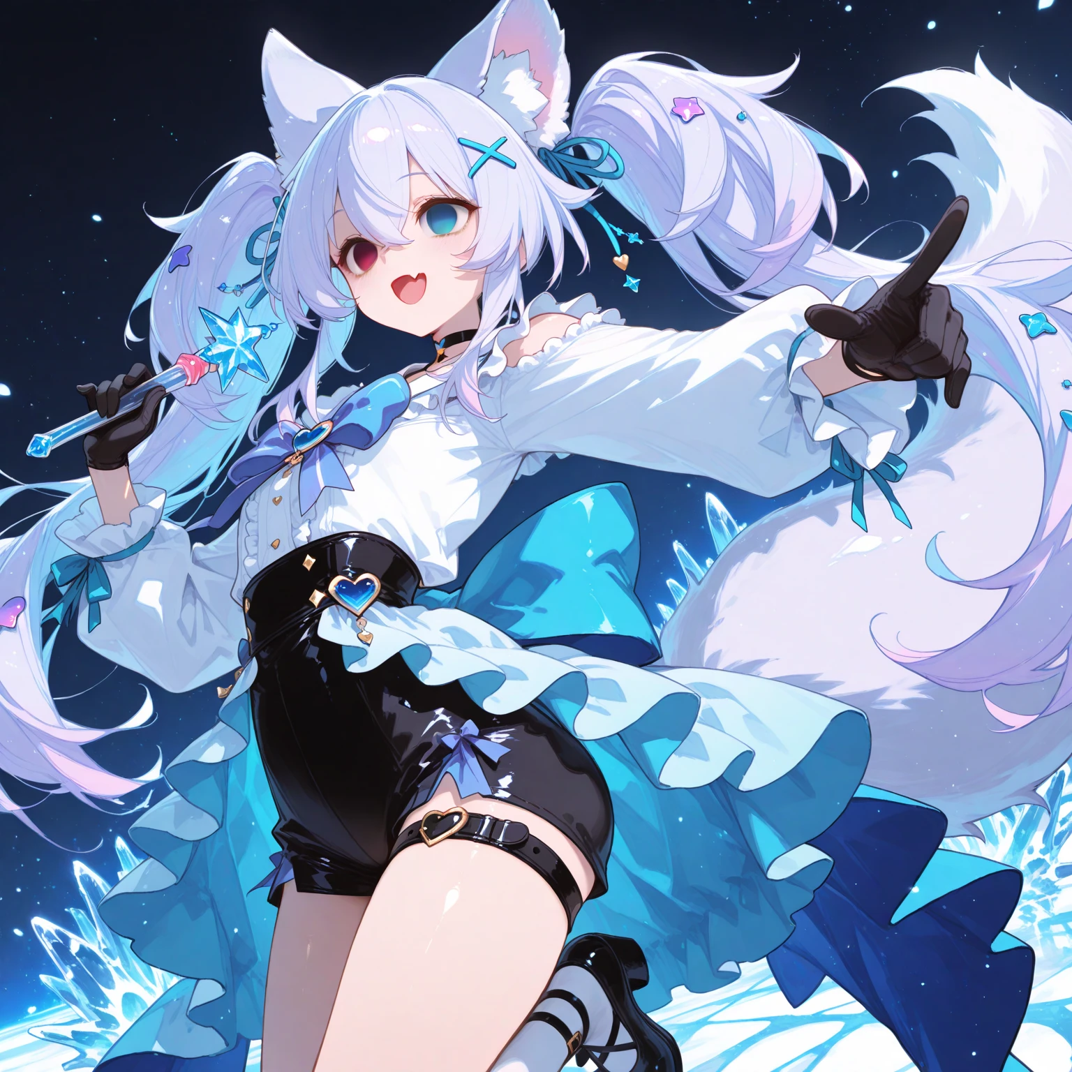 Snow witch, blue staff, white fox with blue tail tip, hot looking, long hair full body view