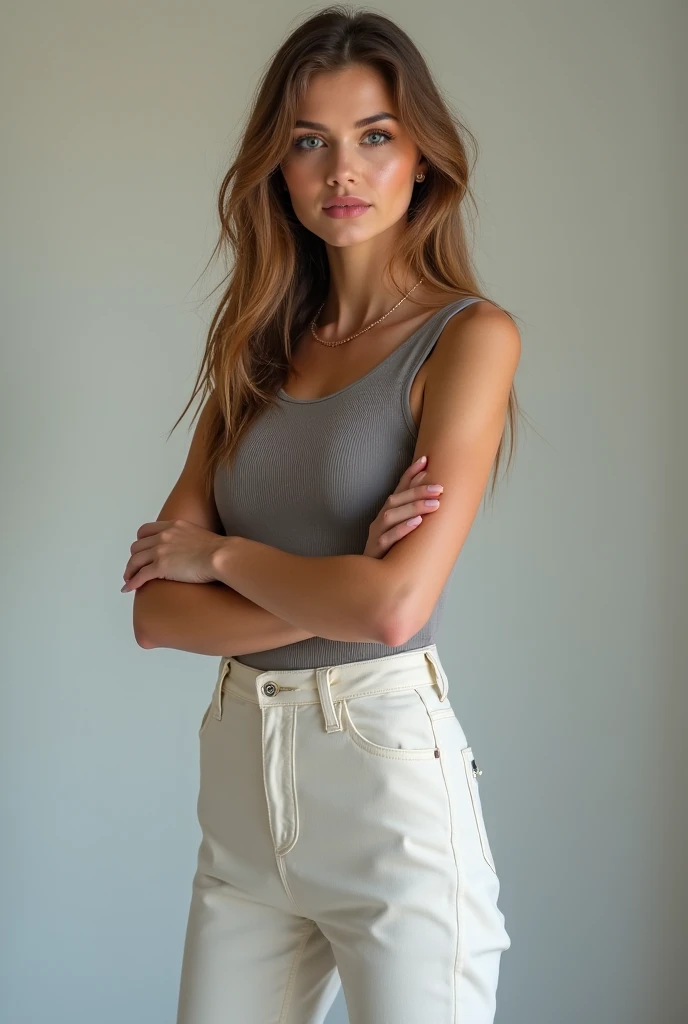 an attractive blonde with a white tank top, 21 years old, top model in santorini