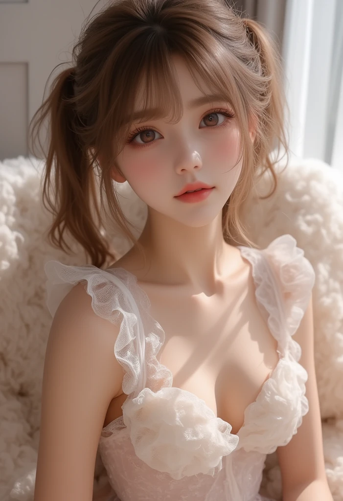 absurdres, (masterpiece, best quality), (ultra-detailed), extremely detailed,super high resolution, (Top Quality photorealistic Illustration), (Super Definition), (best quality,masterpiece:1.0),(cute illustration:1.3), (high Saturation:1.2), highres, ultra-detailed, 32k,8k resolution, intricate details, cinematic scene, detailed background, Soar (High chroma),(Sparkling),bathroom, BREAK (1 girl) (round face:1.6), (kawaii:1.6), (cute:1.6), Beautiful and delicate eyes, Delicate and beautiful face, Facial accents, Perfect figure,(open shirt:1.6), (show off nipples:1.6), (exposing bare breasts:1.3), (exposed chest:1.3), (no bra:1.3),medium breasts, (small nipples:1.2), (small areolas:1.2),Uniforms、bright expression、poneyTail、Young shiny shiny white shiny skin、Best Looks、Natural blonde hair with dazzling highlights、shiny light hair,、Super long silky straight hair、Beautiful bangs that shine、Double eyelids、eye liner、Glowing crystal clear attractive big blue eyes、Very beautiful nice cute 16 year old Nordic girl、Lush bust,