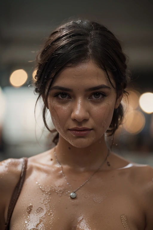 of using division (lace headband:1.2), (realism:1.5), Photo original, soaked body, covered in sweat, bare shoulders, in the dark, deep shadows, low key, cold light