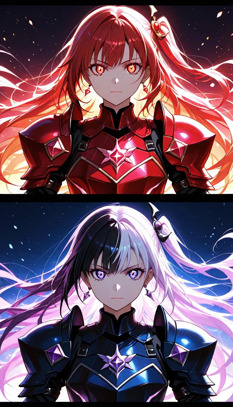(high quality, high resolution:1.3), 4k, masterpiece, detailed background, outdoors, alley, nightsky, dark, moon, 1girl, solo, standing, close up, (parted lips, evil smile:1.1), open mouth, looking at viewer, upper body, long hair, long sleeves, <lora:SplitScreen:0.9> SplitScreen, split screen,
BREAK <lora:DarkSakuraV2:0.5> dark sakura, empty eyes, (white hair, red eyes:1.1), striped dress,
BREAK <lora:sakuramatoutest:1> sakura matou, hair bow, hair ribbon, purple eyes, purple hair, ribbon, brown vest, (homurahara academy school uniform, neck ribbon, school uniform, shirt, vest, white shirt:1.1), smile, closed mouth,<lora:GoodHands-beta2:1.0>