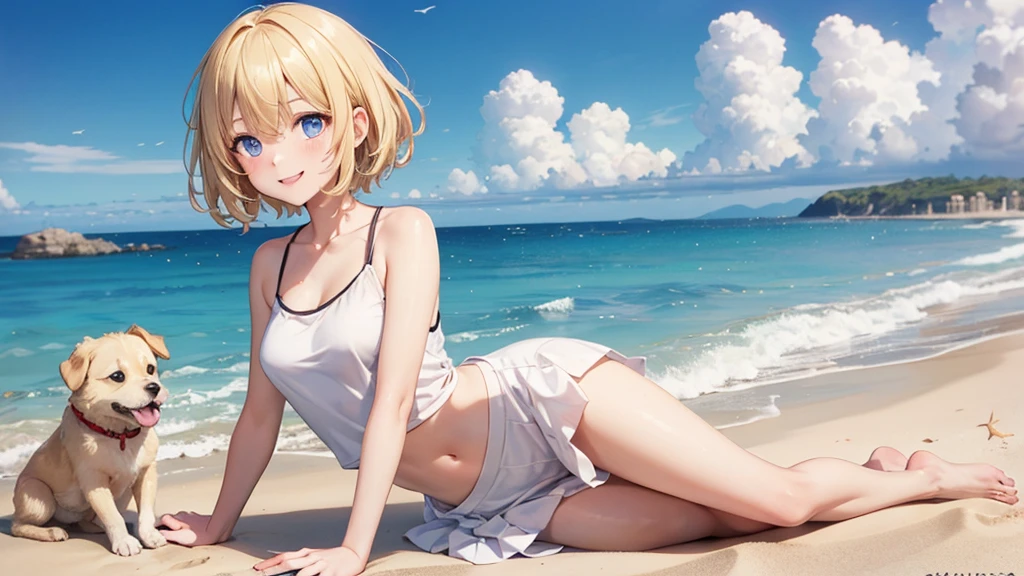 Sweating、Blue Eyes、Blonde short hair、Anime girl in bikini on the beach with blue sky background, Smooth anime CG art, Realistic Bikini, render of a cute 3d anime girl, Perfect body with realistic shading, Realistic Anime 3D Style, change, Anime-style 3D, Created by Anime Painter Studio, 3d anime girl, Photorealistic anime girl rendering, Naughty anime style