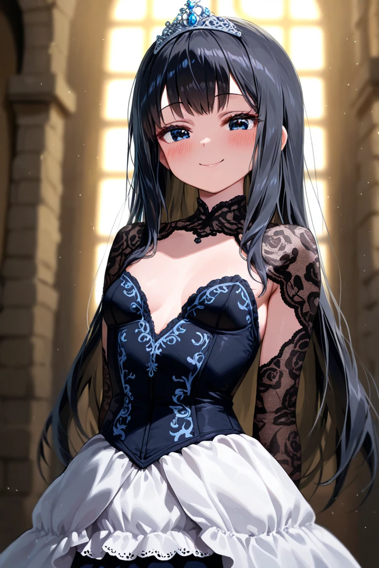 ((best quality)), ((highly detailed)), masterpiece, absurdres, detailed face, beautiful face, (detailed eyes, deep eyes), <lora:more_details:.4>, (1girl), <lora:fromBelowPOV_v1:1>, from_below, foreshortening, looking at viewer, looking down, pantyshot, cowboy shot, <lora:mario_princessbulletbill:1>, prinbulletbill, black hair, black eyes, sharp teeth, medium breasts, smiling, crown, earrings, (black dress, bare shoulders, full dress, maxi dress, cleavage, (white gloves), elbow gloves|.2::slippers}, (outdoors, in a garden, noon)