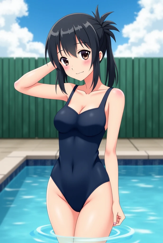 独奏,masutepiece, Best Quality, Extremely detailed,Striped one-piece swimsuit made of lace material,Stand in the ring of professional wrestling,Black hair straight,15years old pretty girl