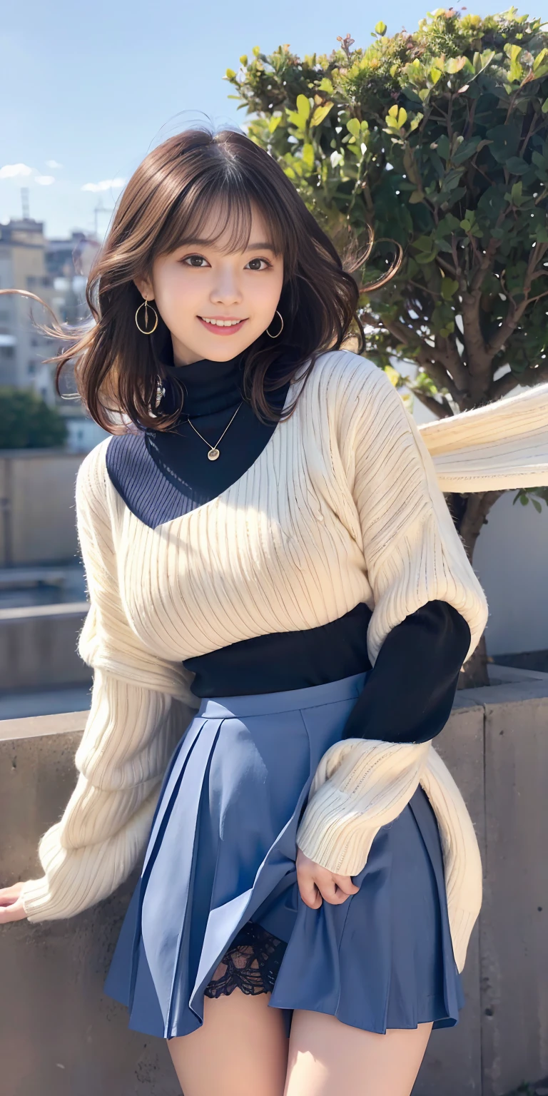 ((Tabletop, Highest quality, High resolution, Hmph, Pixel perfect, 4K, Hmph, Hmph))), One Girl, single, alone, Beauty、The whole body is visible、 ((Mid-wave hair, bangs, Brown Hair)), ((Brown eyes, Beautiful eyelashes, Realistic eyes)), ((Detailed face, Blushing:1.2)), ((Smooth texture:0.75, Realistic texture:0.65, Realistic:1.1, Anime CG Style)), Medium chest, Dynamic Angle, Perfect body, ((Red bow tie, , Black jacket, Open jacket, Brown cardigan, White shirt, Black Skirt, Checked skirt)), City stairs、Looking up from the bottom of the stairs、Very embarrassing panic smile, looked back、Leaning forward significantly、(The wind blew up her skirt, exposing her buttocks................................、Touch your buttocks with both hands、Spread your legs、Light pink floral lace panties)、