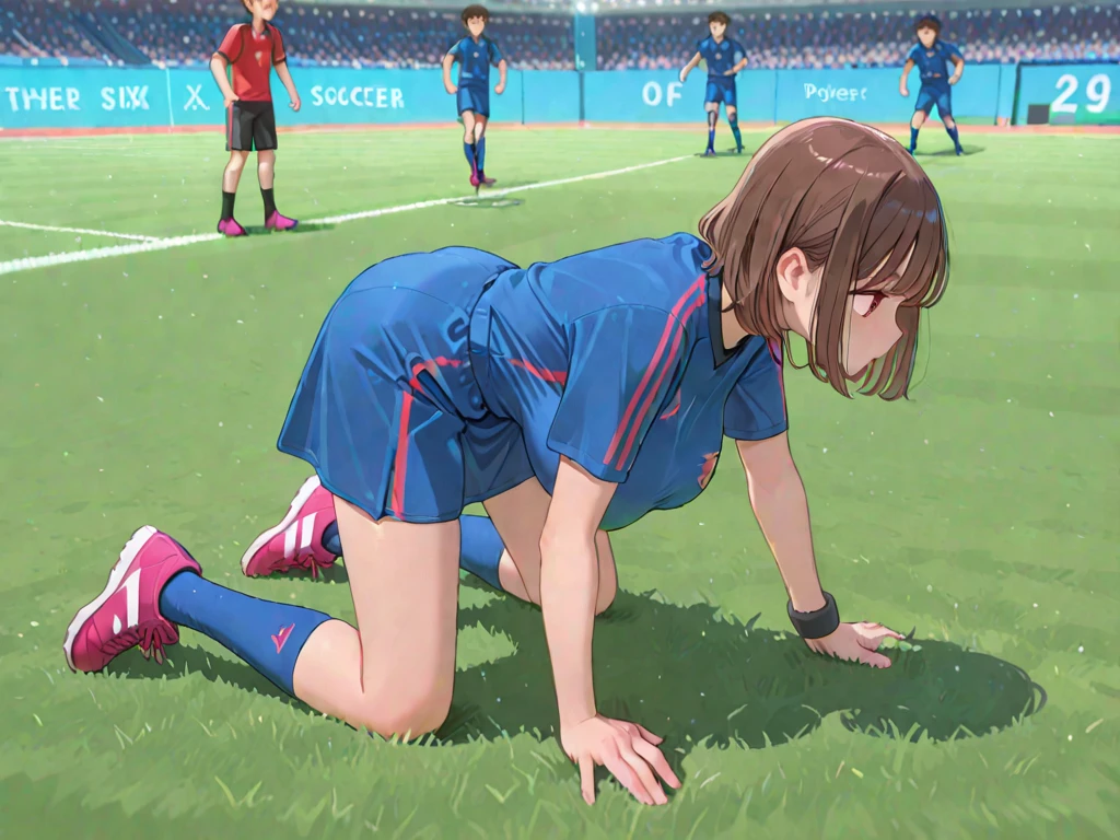 score_9, score_8_up,score_7_up, masterpiece, best quality, 1girl(japanese,tween),1boy,(from behind),(oral sex, implied fellatio, irrumatio:1.3), (top down bottom up:1.1) BREAK (wearing Track and Field Uniforms),(in track-and-field arena), rape, hardcore,head grab,spit, view from behind, (blowjob),hard sex,ass up head down,(cum dripping from pussy), cum splash,hip lift,ass,vagina,shiny skin,tanned brown skin,orgasm