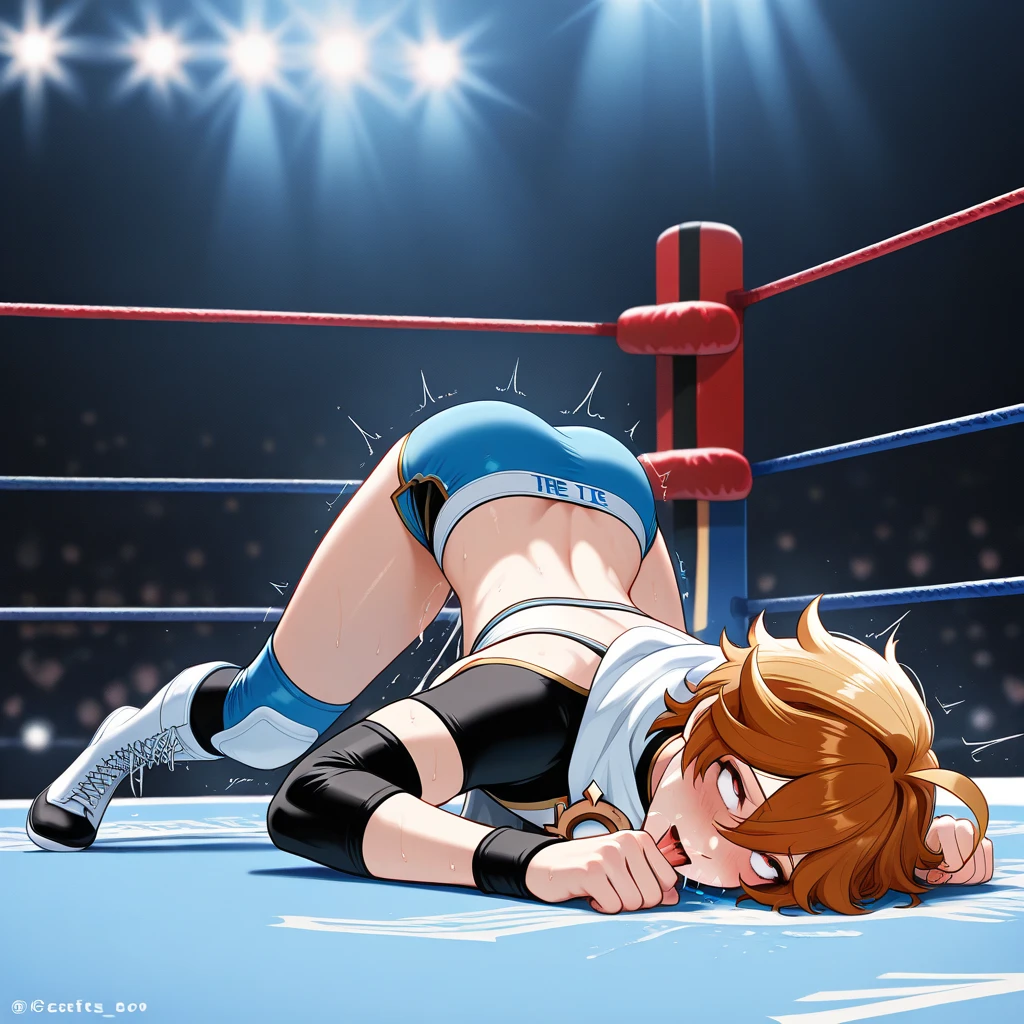 Masterpiece, sksrin, beautiful ,facial details, 8k wallpaper, Rin Hoshizora Love Live, short hair, white gym bra, shorts , wrestling outfit,(lipstick:0.8), (face paint:1.2), moist skin,thin waist ,short girl, skindentation , full nelson , solo focus, black male, crying , spread legs