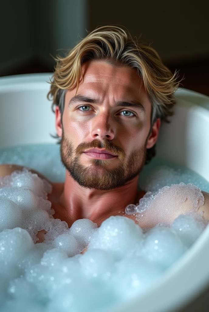 Un portrait hyperréaliste d'un homme de taille moyenne avec une barbe bien taillée et des cheveux châtains clairs, mouillés et épars, se relaxant dans une baignoire remplie de mousse épaisse. Sa peau humide capte la lumière naturelle, qui éclaire doucement son visage, mettant en valeur ses traits masculins et sa barbe. Il regarde directement l'objectif, créant une connexion intime. La scène est capturée avec une faible profondeur de champ (f/1.4) et un objectif de 85mm, garantissant une composition parfaite où l'accent est mis sur son expression sereine, tandis que les bulles de bain et les détails environnants sont légèrement flous en arrière-plan.