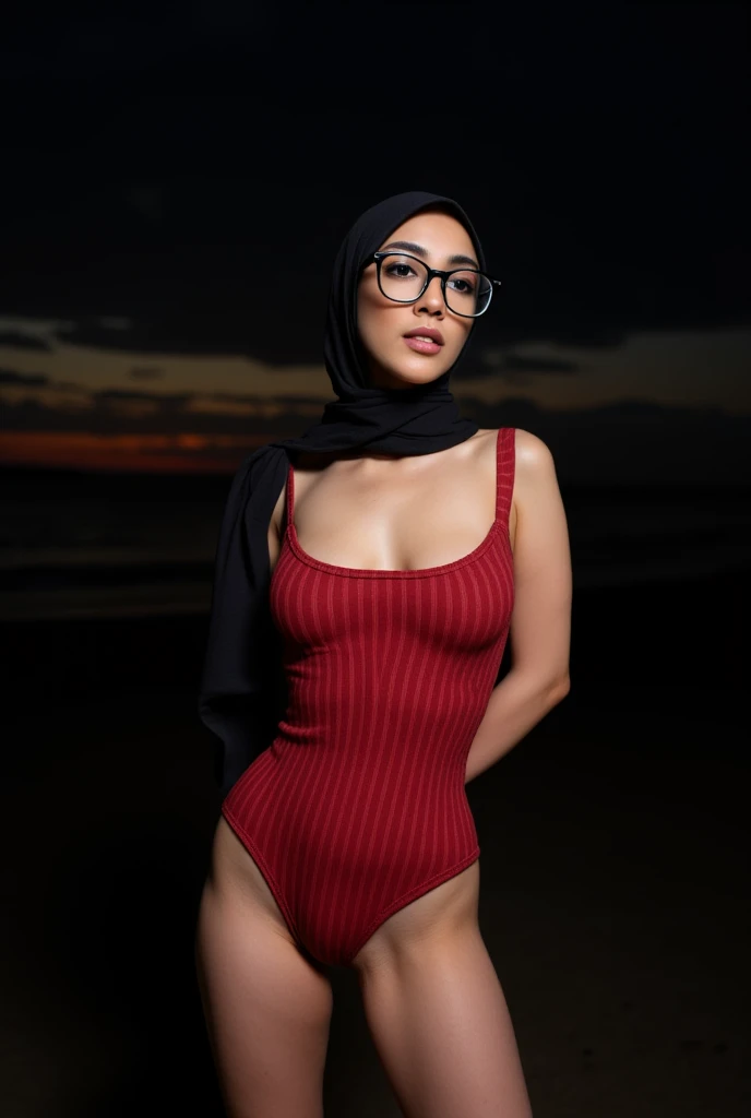 A woman with ((red Hijab, no hair exposed)), Realistic, Photorealistic, 8K, Masterpiece, Best Quality, High Definition, Live Action, RAW Photo, Single Woman, Beautiful Body,Cleavage, Sexy, red Competitive Swimsuit and panties, on top of the building, supermodel pose, night time