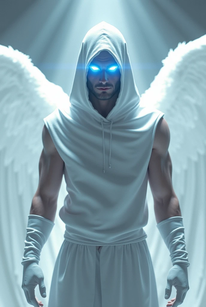 A maskulin man, wear white long cloak, covering his head, flying above the cloud. He has very massive wings. Storm and rainy background. Godlike form.