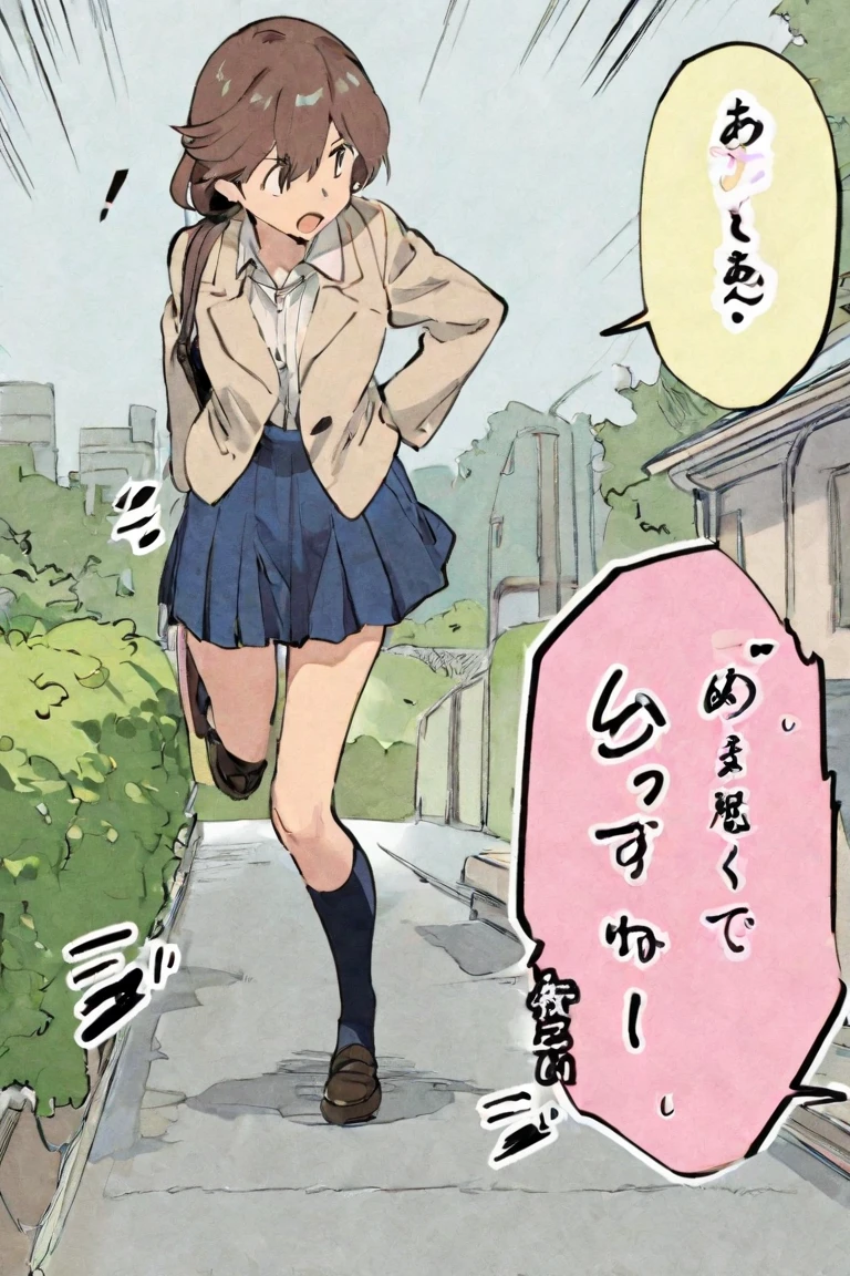 1girl,6,(pee),outdoor,uniform,cardigans,miniskirt,looking viewer,(smirk),thighhighs,shoes,sexy,blush,(((Sweating)))