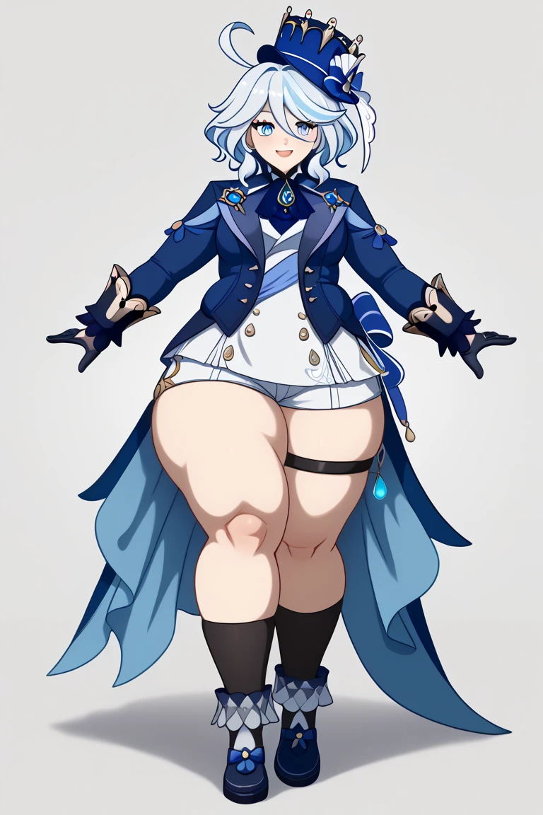 a anime styled image of a man with a large white cybernetic Hammer in his hand, he has a ((gigantic_hips)) ,(( hyper thighs,gigantic ass)) , (Short build), ((White hair with Blue and Pink Streaks)) androgynous, Femboy , Messy hair, SFW, High quality, expression( annoyed and Angered),((High quality, masterpiece High aesthetic)),(( White and cyan china dress with heart cutout))