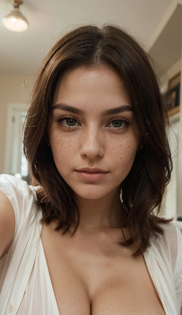 (amateur 1.2), amateur camera selfie of 19 years old female, Brown hair, Low exposure, low lighting, unprofessional natural lighting, realistic lighting, dark light, low light, female with low freckles on her face and blue eyes with prominent eye lashes, hyper realistic skin all over her, beautiful face, detailed face, image noise, shot on iPhone, low visible impurities, slight freckles, detailed skin texture, low detailed skin pores,low impurities on the face, details eyes, eyebrow details showing each individual hair, very minimal and slight redness and imperfections around eye lids, low quality lighting, holding phone with left hand, no light on, selfie, black tank top, huge tits, slightly smiling looking sexy, realistic skin, long messy hair, light skin caucasian american, verylong hair, long messy hair, neutral face, low freckles, normal blue eyes, spots, acne, waring black t-shirt, showing her cleavage, inside home