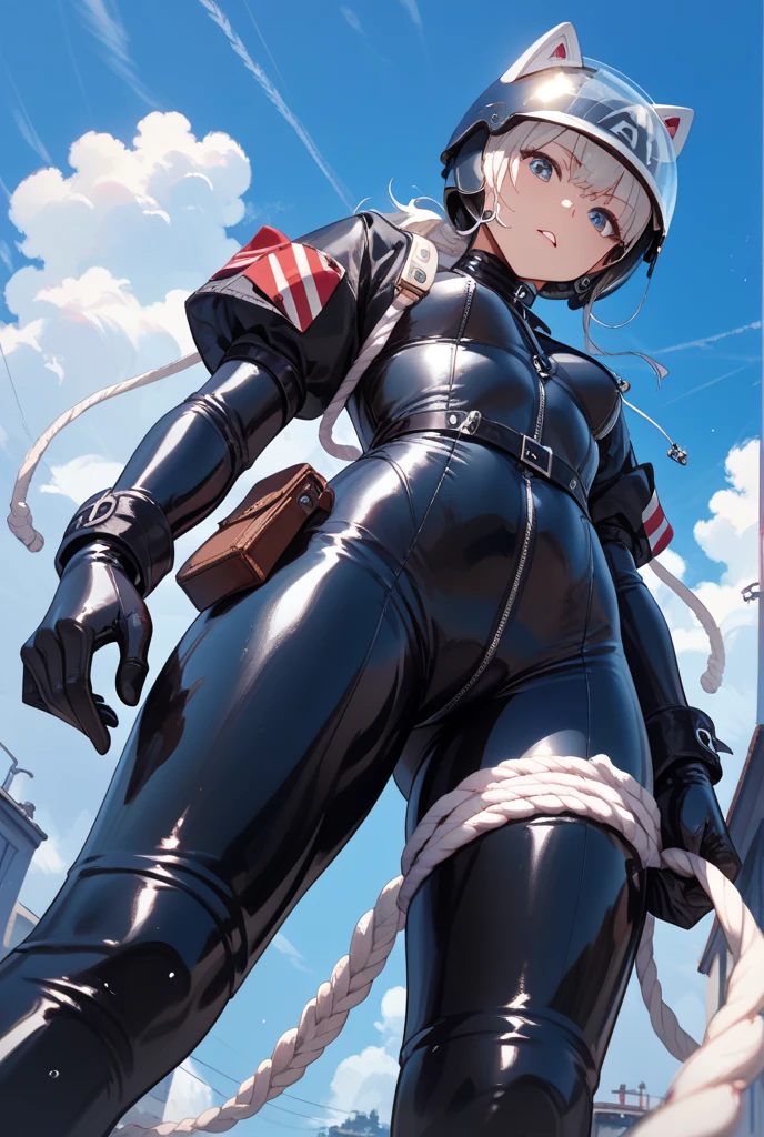 ultra-detailed, Explicit, Beautiful body, Beautiful Nose, Beautiful character design, perfect eyes, perfect face, ultra highres, 4K, beautiful legs, perfect legs, Nice hands, Perfect hand, Masterpiece, Best Quality, Highly detailed, illustration, absurdres, street fighter, doll suit, shadaloo doll, dollsuit, 1girl, Solo, expressionless, blank eyes, looking at viewer, red gloves, emotionless, black latex, corrution, mind control, female combatant, full body, hypnotized, unhappy trance, full body suit, ribbed bodysuit, both arms at side, stand up straight, obey, perfect female body, extremely glossy latex, hypnosis, hypnoLora, empty eyes, Mind control device, poses, brainwashed, submissive_pose, Slave, hat, necktie, stand up straight, standing, standing at attention, belt, latex, garter belt, thighhighs, garter belt, nazi saluting, military, military saluting, salute, Pope Joan, Fate/Grand Order, grey hair, long hair, blue eyes, braided_hair_rings, very long hair