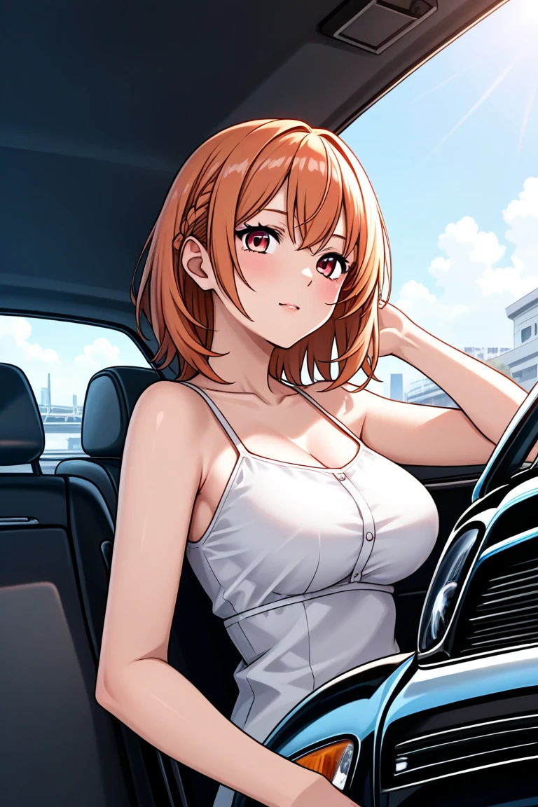 4K, A high resolution, Best quality at best, masterpiece, perfect colors, perfect shadow, perfect litthing, ((sportrait)), Anime girl sitting in car with hand on chin, Anime visuals of cute girls, Seductive Anime Girl, charming anime girls, anime styled, High quality anime art style, Beautiful anime girl, young anime girl, Anime Girl, Anime Girl with Long Hair, tight crop top, big breast, half breast open, background is Tokyo city 80s, an anime girl, Cute anime girl, face closeup