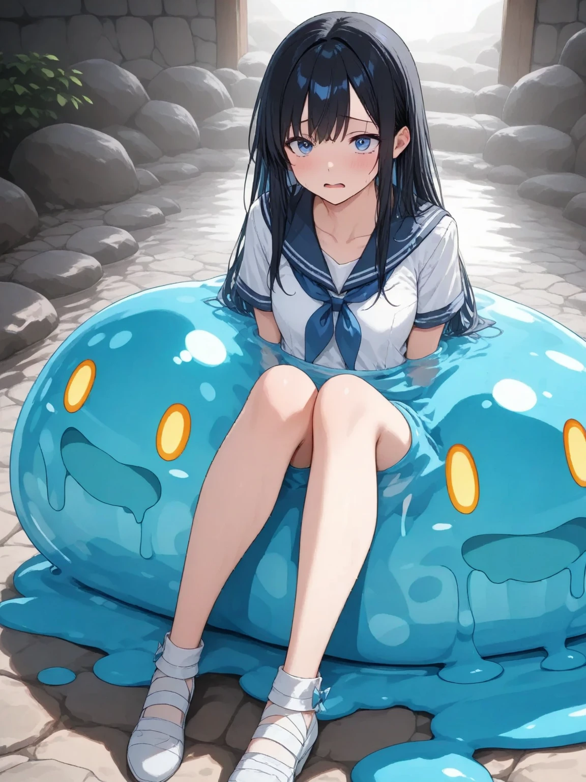 school girl, black hair, black eyes, tentacle, shrine, nsfw, slime, intense sex