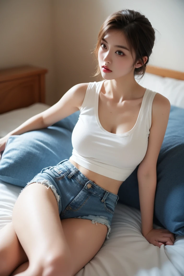 Top image quality、Raw photography、超A high resolution、18-year-old Korean、Glasses beauty、Colossal tits:1.5、cleavage of the breast:1.4、Healthy complexion、shiny white skin、(short cut hair)、((Light brown silver hair))、Beautiful eyes with random colors、very thin lips、beautiful eyes finely detailed、elongated eyes、pale pink blush、long eyeslashes、Beautiful double eyelids、eyeshadows、耳Nipple Ring、(Fashionable glasses、White tight camisole、denim short pants、lowrise、Beautiful legs、Attractive thighs、Changing clothes)、street snap、slightly thicker thighs、Shot with emphasis on the legs、(Photograph the whole body)