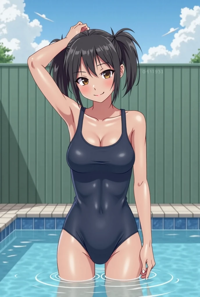 very detail, masterpiece, looking at viewer,mieruko, miko yotsuya, long black hair, naked, armpits, armpits visible, dark blue hair, yellow eyes, nipple hard, nipple slip, swimming pool, grab her own breasts