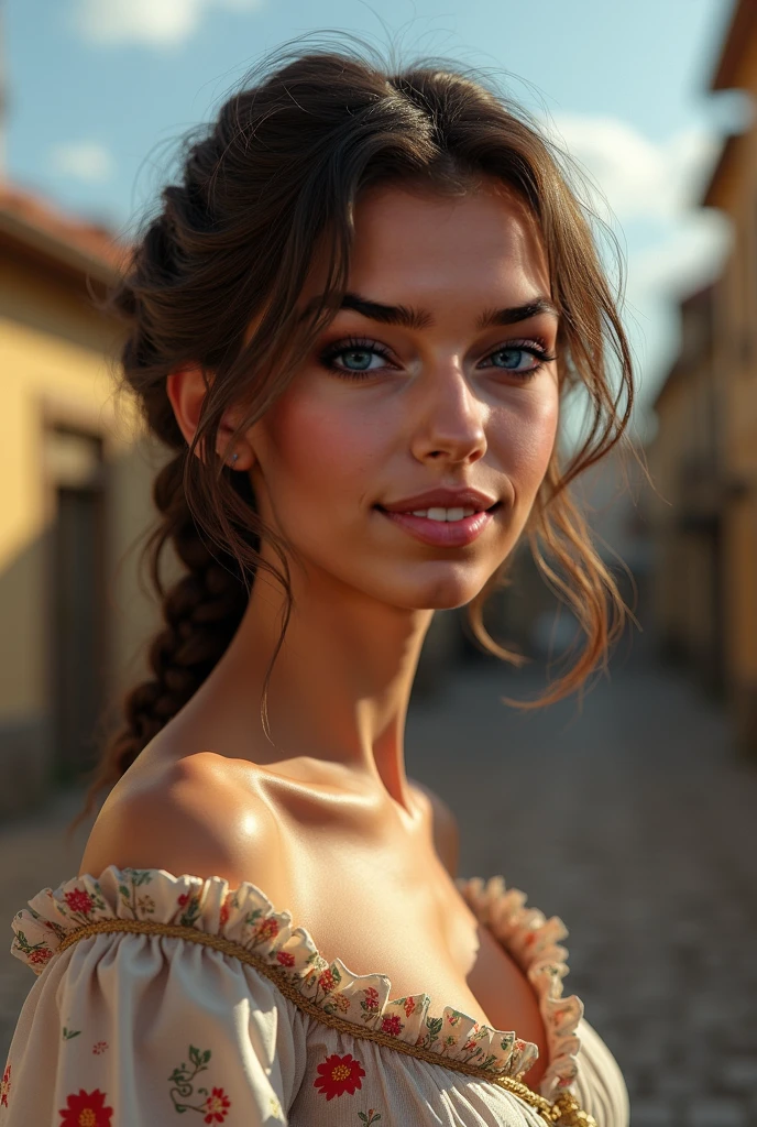 RAW, analog, Nikon Z 85mm, award winning glamour photograph,((best quality)), ((masterpiece)), ((realistic)), 18th century, KarolinaDemy:0.9 piercing eyes, looking straight, very happy, brown hair, quad braids, in a outdoor cafe, afternoon light,