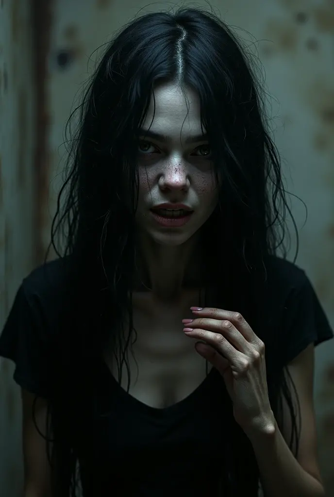 Scary and horror girl with her long black hairs on her face