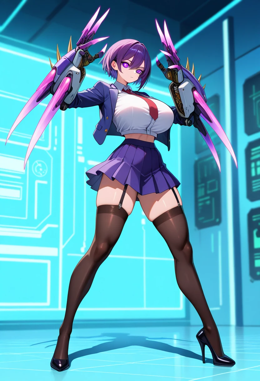 ultra-detailed, Explicit, Beautiful body, Beautiful Nose, Beautiful character design, perfect eyes, perfect face, ultra highres, 4K, beautiful legs, perfect legs, Nice hands, Perfect hand, Masterpiece, Best Quality, Highly detailed, illustration, absurdres, street fighter, doll suit, shadaloo doll, dollsuit, expressionless, blank eyes, looking at viewer, red gloves, emotionless, black latex, corrution, mind control, female combatant, full body, hypnotized, unhappy trance, full body suit, ribbed bodysuit, both arms at side, obey, perfect female body, extremely glossy latex, hypnosis, hypnoLora, empty eyes, Mind control device, poses, submissive_pose, Slave, hat, necktie, stand up straight, standing, standing at attention, hat, necktie, belt, latex, ribbed bodysuit, thighhighs, garter belt, Fighting Stance, extending the right arm from the shoulder into the air with a straightened hand, nazi saluting, military, military saluting, salute, thigh boots, solo, 1girl, Ritsu, Assesination Classroom, purple hair, blue eyes, long hair