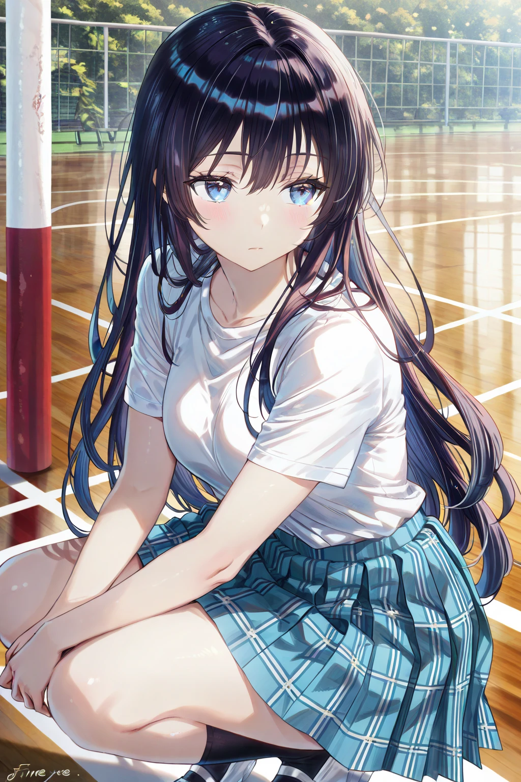 ((masterpiece、4K、8K、highest quality: 1.perfect fingers: 1.perfect anatomy: 1.3、background blur))、((16 years old、thin、small face、super beautiful girl、Tennis Club、(straight long hair))、beautiful big droopy eyes、smile、full body display、knee high socks、blue sky、bright sunshine、School、Tennis court、