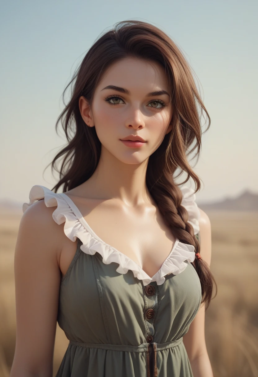 (masterpiece, photorealistic:1.4, extremely intricate:1.3), (photon mapping, radiosity, physically based rendering, ultra resolution, hyper-realistic, 8K), (teenage supermodel girl, fantasy, piercing blue eyes, [large breasts:medium breasts:0.2], (([skin detail:freckles:0.8])), she wears a white sun dress, long braided blond hair with ribbons. ((She is kneeling in tall grass surrounded by Alpine Bluebells upper body, smiling, happy)), portrait, photography, detailed skin, (((diffused soft lighting))), shallow depth of field, sharp focus, cinematic lighting), (sunset light), (mist covered ground)