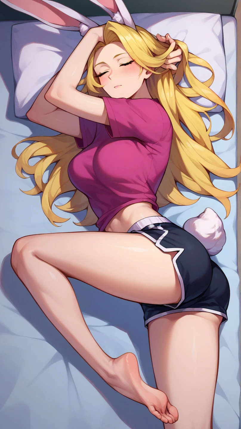 tennis girl's massive rear butt cheeks out of bottomless slutty mini skirt out bare, showing her butt, lying down, on bed, wearing oven mittens under pillow, blindfold