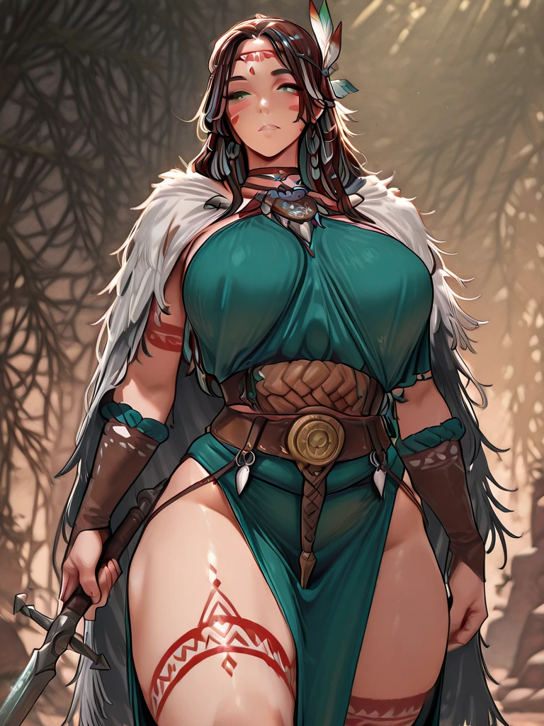 Green hair, Red skin,black tattoo, Pointed ears,, Busty female orc,muscle,Abdominal muscles,animal skin top,cleavage,animal skin skirt,Thin legs,barefoot,Standing,forest