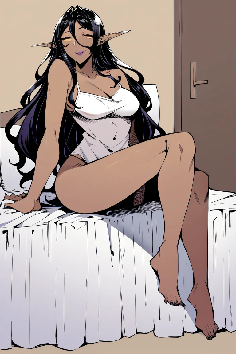 wavy black hair, piercing look with deep red eyes, average stature, Silky hair with a ponytail hairstyle collected with a red bow with two white lines, standing next to his bed , has a vagina, has breasts,NSFW, poses perverteds, lustful look, perverted, wearing a top, wearing a mini skirt, showing my ass to the camera, transparent lingerie panties , body
