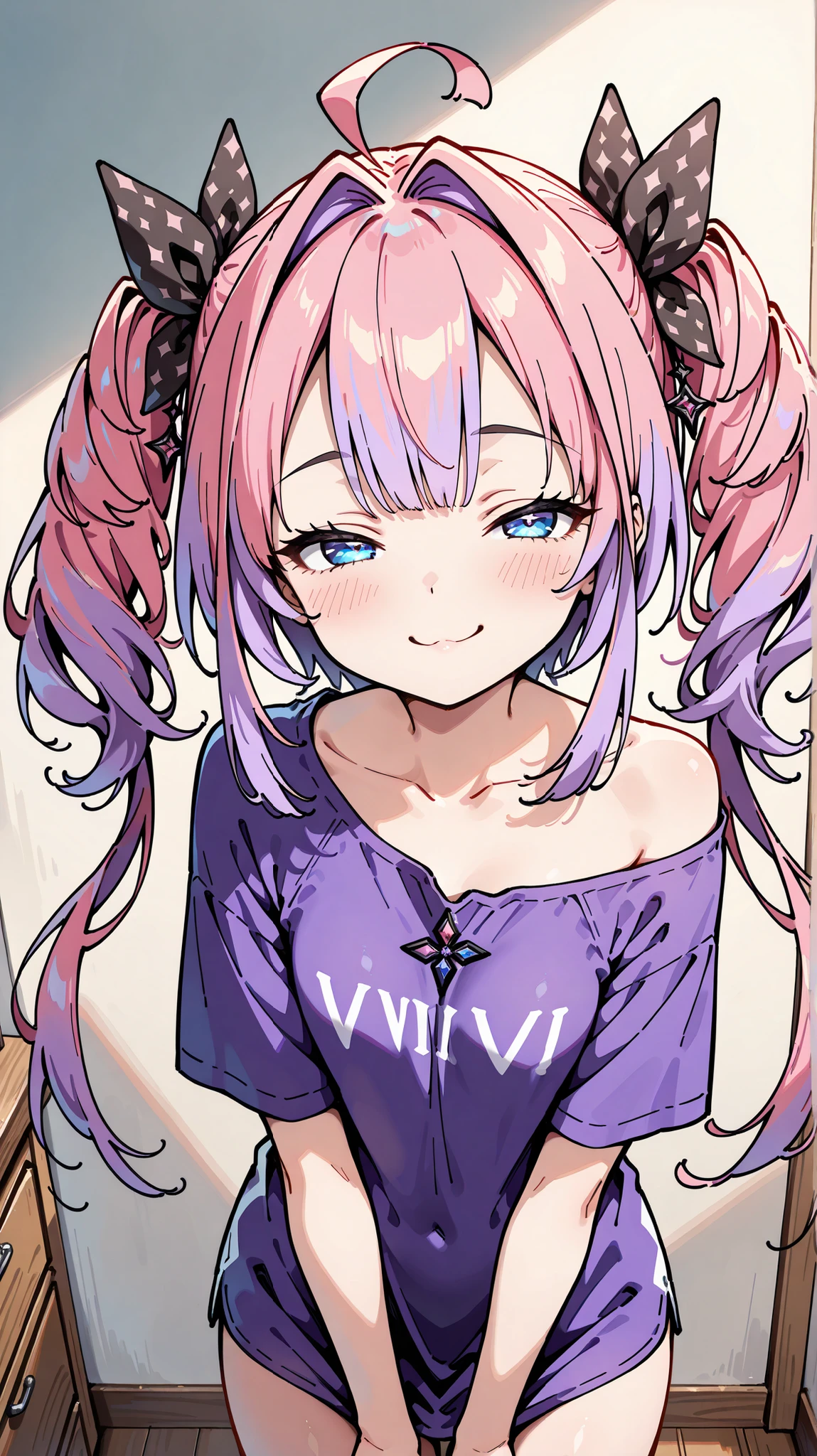 {Highest quality}, {so beautiful,detailed face}, {Best illustrations},(flat body,Slim body:1.2),solo,kikirara vivi, 1girl, solo, pink hair, purple hair, multicolored hair, long hair, twintails, black bow, hair intakes, ahoge, blue eyes,(blush,half closed eyes,smile,Grinning expression),Long T-shirt, loose T-shirt, one shoulder exposed, bare legs, thighs,standing,V-arms, upper body,room
