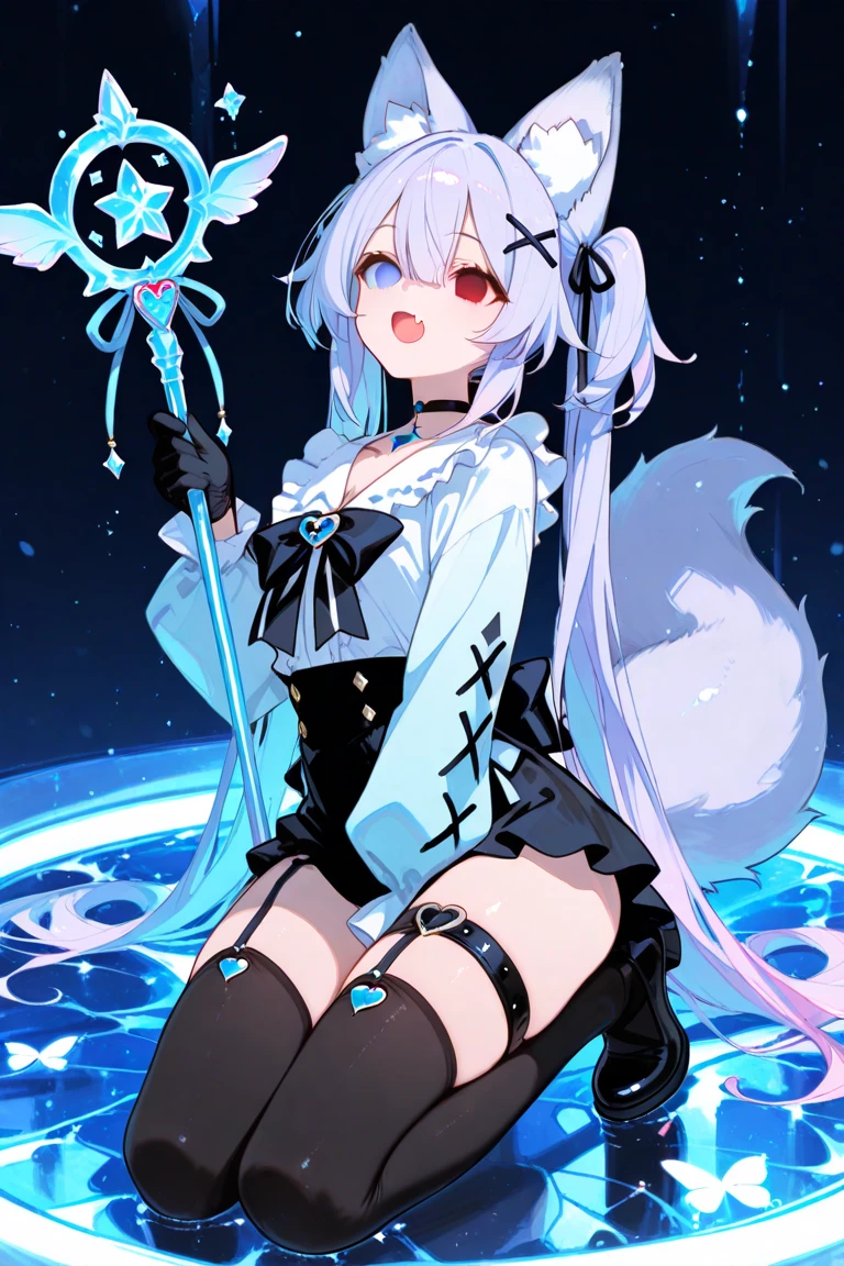 Beautiful illustration, best quality, cute girl, ((A cave with magic lights)), pastel color, natural tones, Platinum bangs, ((Cat girl)), ((Black leotard)), pale skin, ((Naughty smile)), bright lighting, ((Big eyes)), ((Perfect hands))