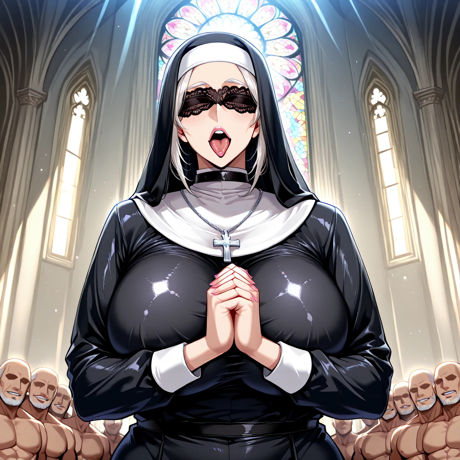 ((obese 70 year old black African elderly grandma:1.1)),ginormous obnoxious ultra wide hanging oversize inflated breasts,intricate, high resolution, high quality, ultra realism,detailed eyes, highest quality,in a church pew,church sanctuary,((crowd of people,audience:1.4)), ((she has an extreme case of gigantomastia,dark skin, extreme gross cleavage,hanging,inflated,and saggy breasts, macromastia, and breast hypertrophy, ethnic gray hair,obesity, and old age:1.4)), ((aggressively remove clothing that blocks or censors view of breasts:1.4))
((swearing heavy makeup, dark skin,glasses, bright red lipstick, a large cross pendant,clergy collar,and tattoos))