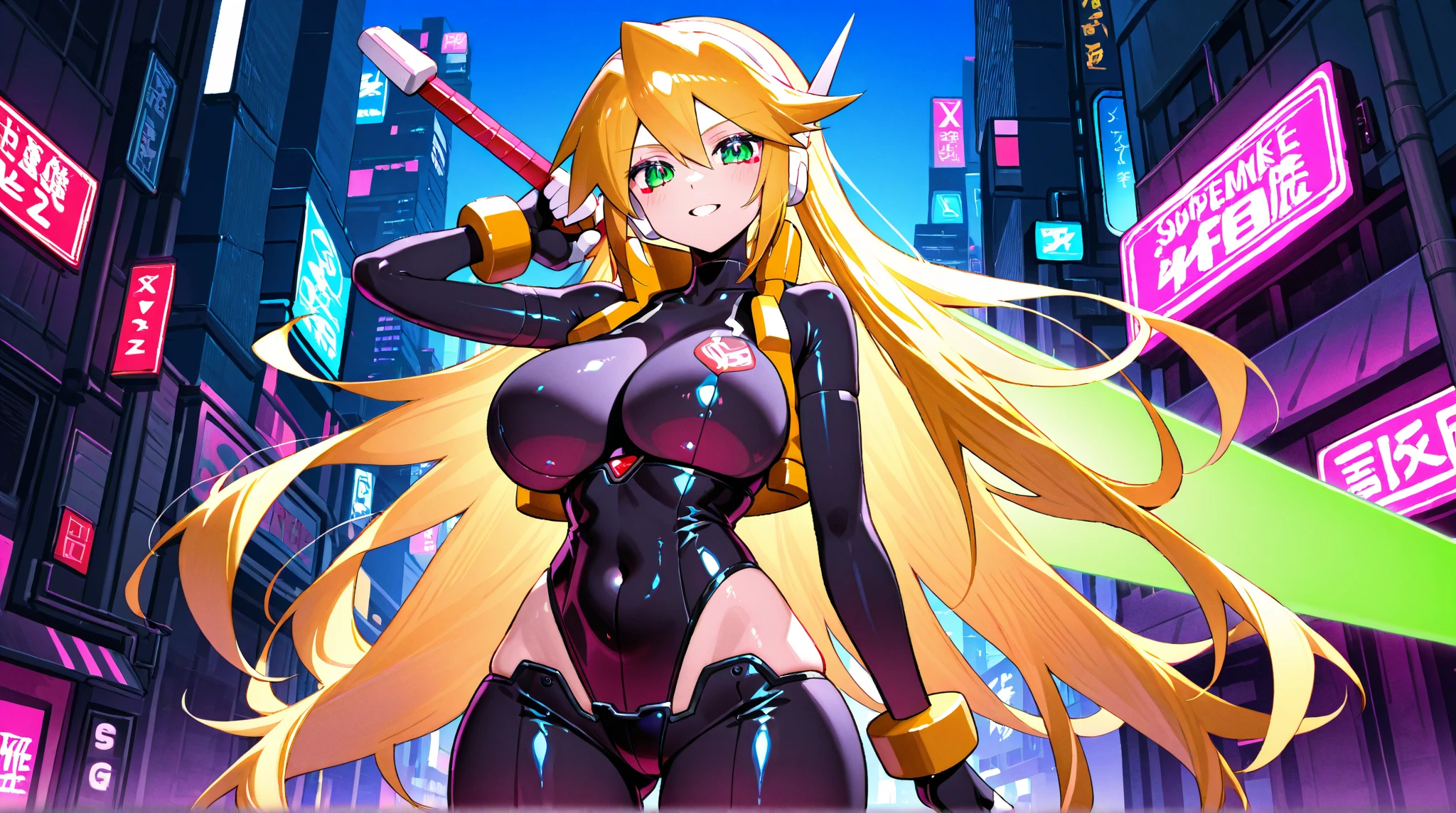Midnight、Beautiful woman with long blonde hair、超Big Breasts、Action Shots、Open chest、Big Breasts、Futuristic city with colorful neon lights