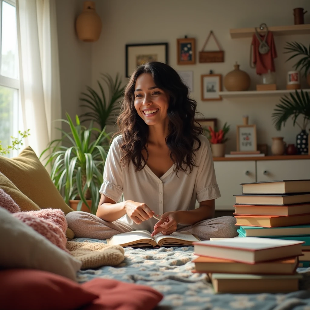 Latina au long cheveux qui lit un livre et qui sourit 