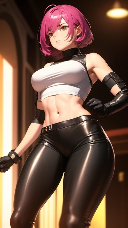 Vista de cuerpo entero, (obra maestra, mejor calidad, 8k, Altas Resoluciones: 1.2), (dramatic), arenisco, intenso, Personaje de anime, dynamic fighting pose, 1girl only, cabello negro oscuro, (Peinado atado), usar guantes, (Usando armadura futurista), Guanteletes blindados, con falda, Botas, Arte moderno, Cabello que cubre los ojos, closed fists, bosque, Cara hermosa, Hermosos ojos, colores vibrantes, Noche, highest quality digital art, Arte impresionante, Fondo de pantalla 4K, 8k, 64k, Disco duro, Obra maestra sin igual, cuerpo completo, dynamic lighting, Kinematic, epopeya, Disparo de vaquero, Detalles intrincados, Canon EOS R50 camera with Canon R50 RF-S 50mm IS STM lens