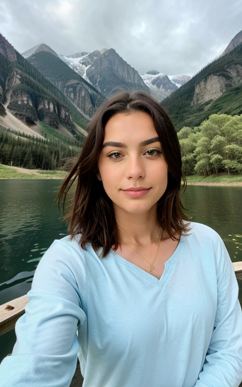 photorrealistic, best qualityer, hyper detailled, Patricia Oliver, an adult woman, selfie shot, eyes browns, defined face, long  hair, trunk, standing alone, slim shirt, slim pants, plein-air, mountainscape, real life nature, stele, moonligh, (happy, glad), forst, stones, Riu, Wood, smoke, fire, clear sky, analog style, gazing at viewer, texture skin, film grain, close up, ultra high resolution, best shade, CRU, instagram light.