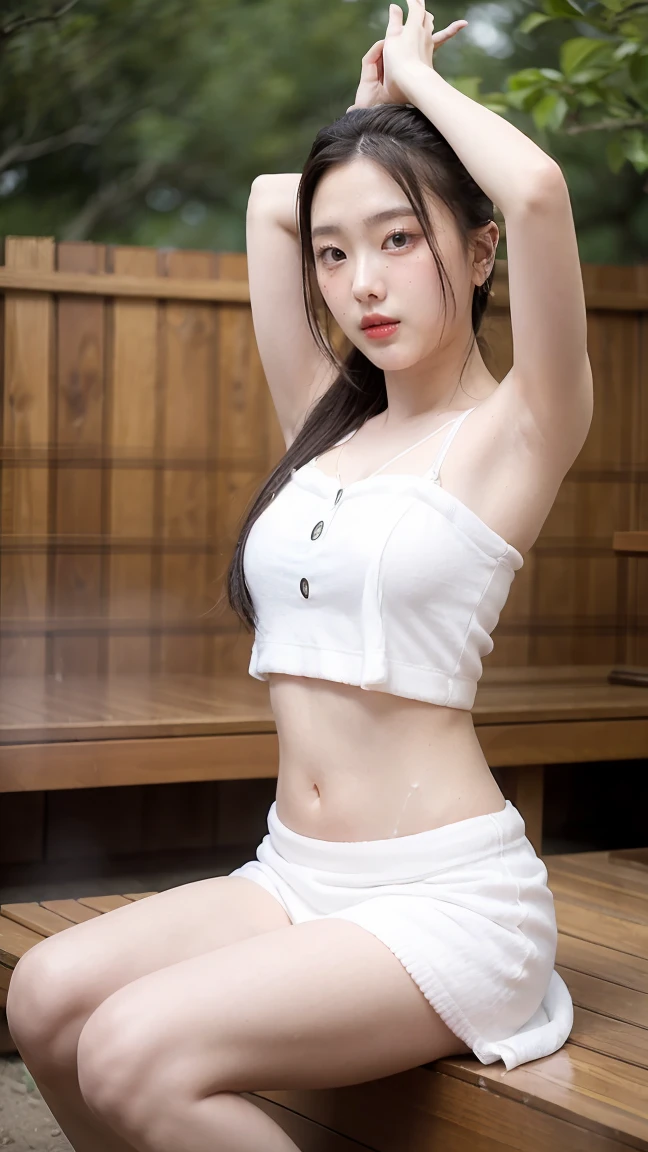 Japanese people、1people、The most beautiful woman、、smile、Shyness、clear、Shiny black hair、(Standing cool with your legs slightly apart like a model)、Outstanding style、Very young、Pigtails、goddess、light makeup、elegant face、(((Wearing a white Etchu loincloth)))、((Light clothing:0.5))、(She is hiding her breasts by wrapping a cloth around her chest.)、Arms crossed、Summer festival、Religious Ceremony、Sacred、Food stallany spectators、Voyeurism、32K、 Raw photo、Highest quality