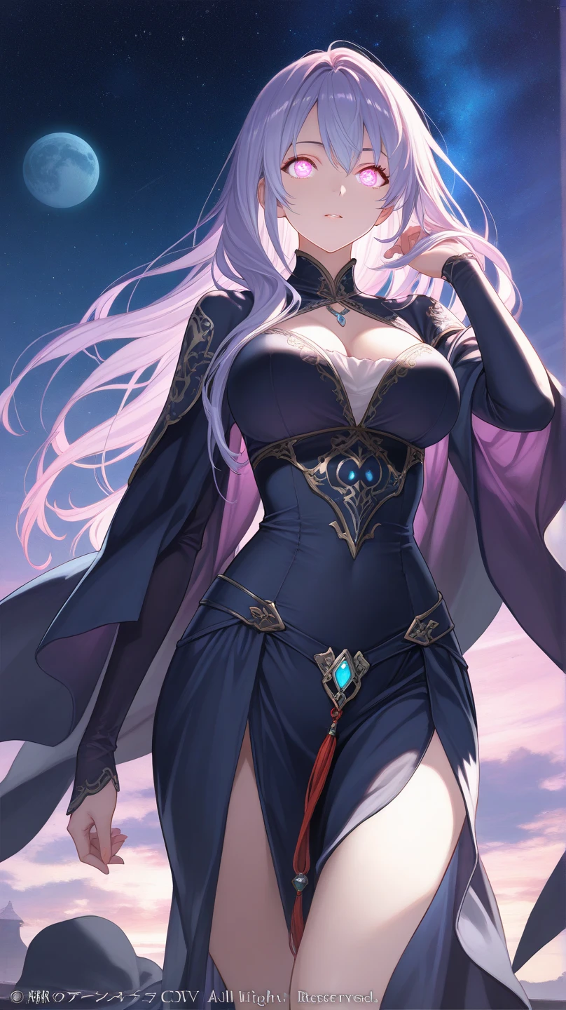 (absurdres, best high quality image, carefuly detailed features and textures, very detailed image, solo character alone, full character view): {{Elf queen 1.000 years old mature adult milf} (beautiful face, sexy feminine and sexy features, beautiful silver eyes, voluptuous body, big breasts, beautiful legs, black blue long hair, black blue eyebrows), (blue long royal dress, silver crown, blue long royal sleeves middle finger sleeves, cleavage), (serious face, analytical demeanor, full of wisdom and seriousness), (standing at the royal elvish black balcony, under the night sky full of bright night stars)}}